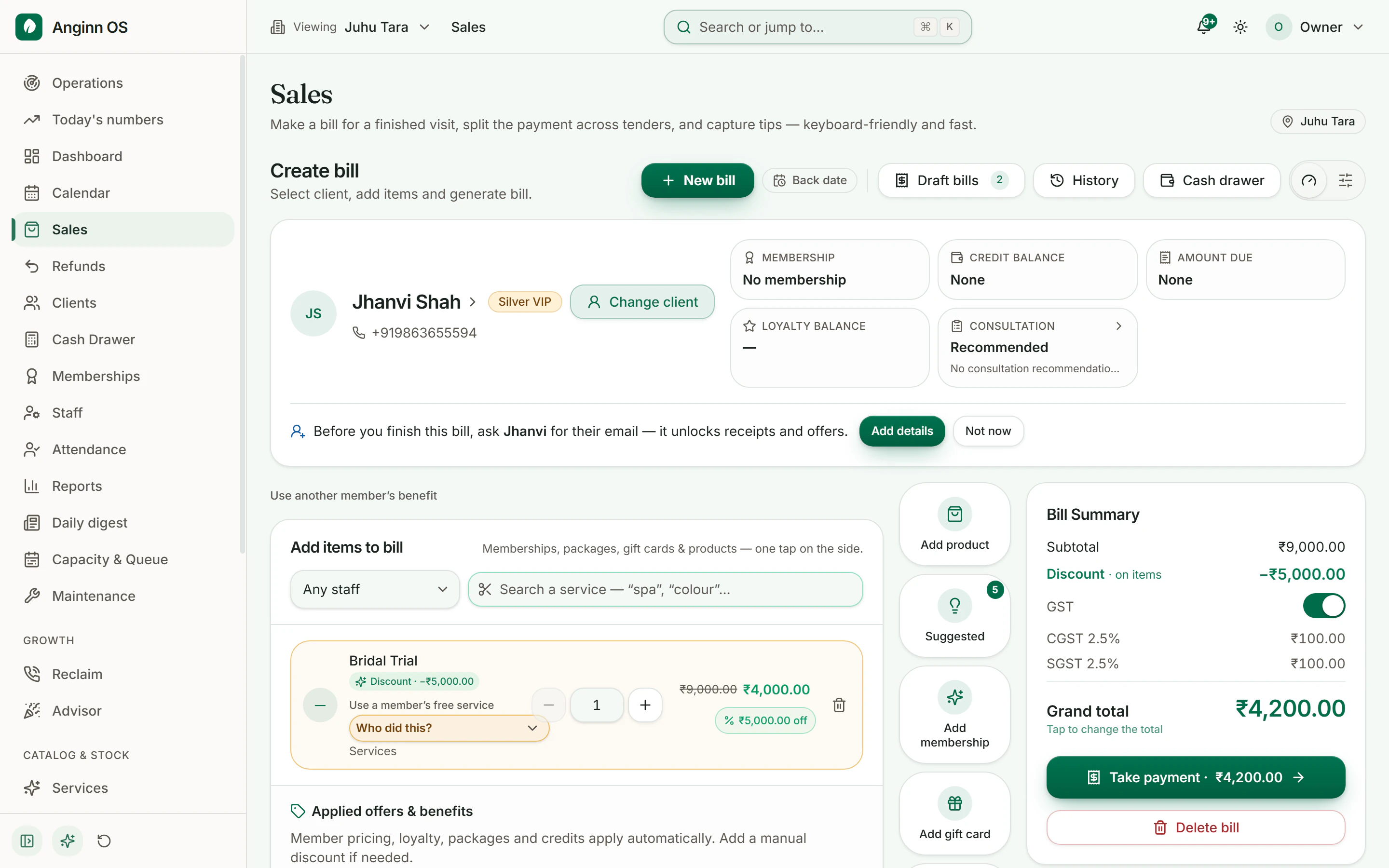 A bill being written on the Anginn OS sales screen. The client sits at the top of the bill with their membership, loyalty balance, credit balance and anything they still owe. Under it a service has been added with its quantity, the menu price and the discounted price it is actually being charged at, and a bill summary down the right side totals the subtotal, the discount, CGST and SGST into a grand total, with one button to take the payment.