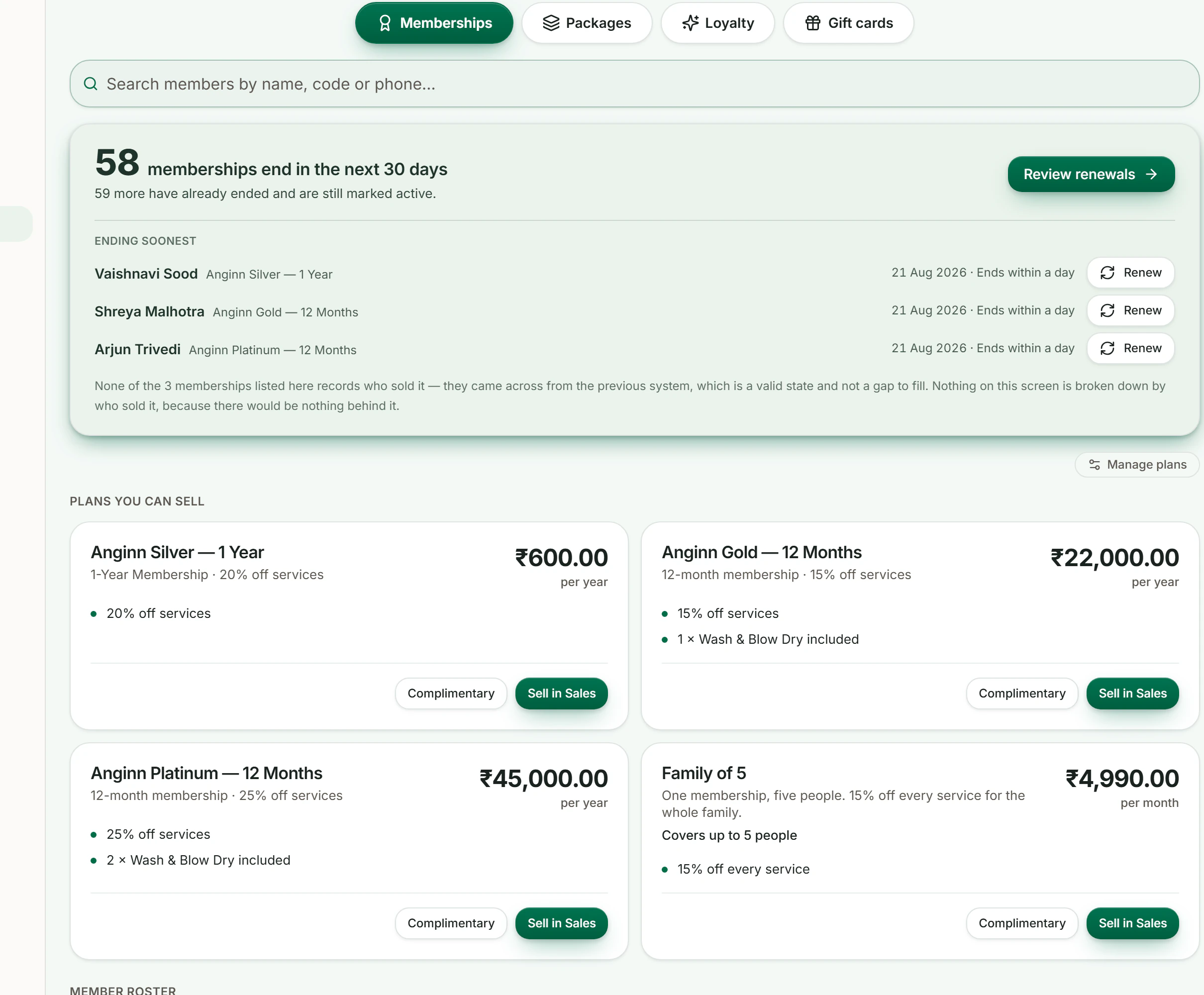 The memberships and loyalty screen in Anginn OS, with tabs across the top for memberships, packages, loyalty and gift cards. A panel reports how many memberships end in the next thirty days and lists the ones ending soonest with a renew button against each. Beneath it the plans the salon sells are shown as cards giving each plan's price, its length, the discount it carries and what it includes.