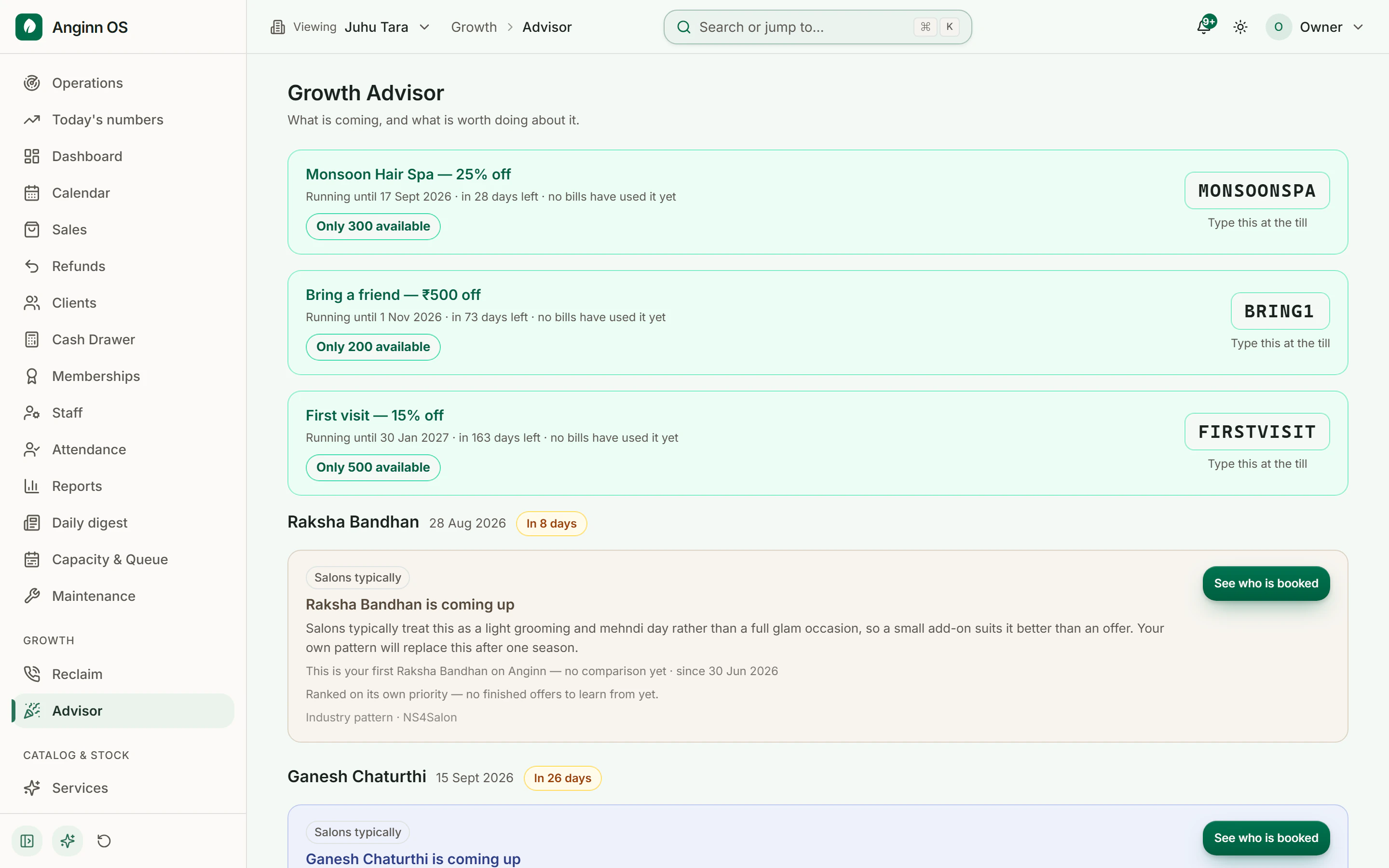 The growth advisor in Anginn OS. It lists the offers the salon currently has running with how many clients have taken each one, and beside them the festivals and dates coming up in the next weeks, each with a short note on what salons typically prepare for it.